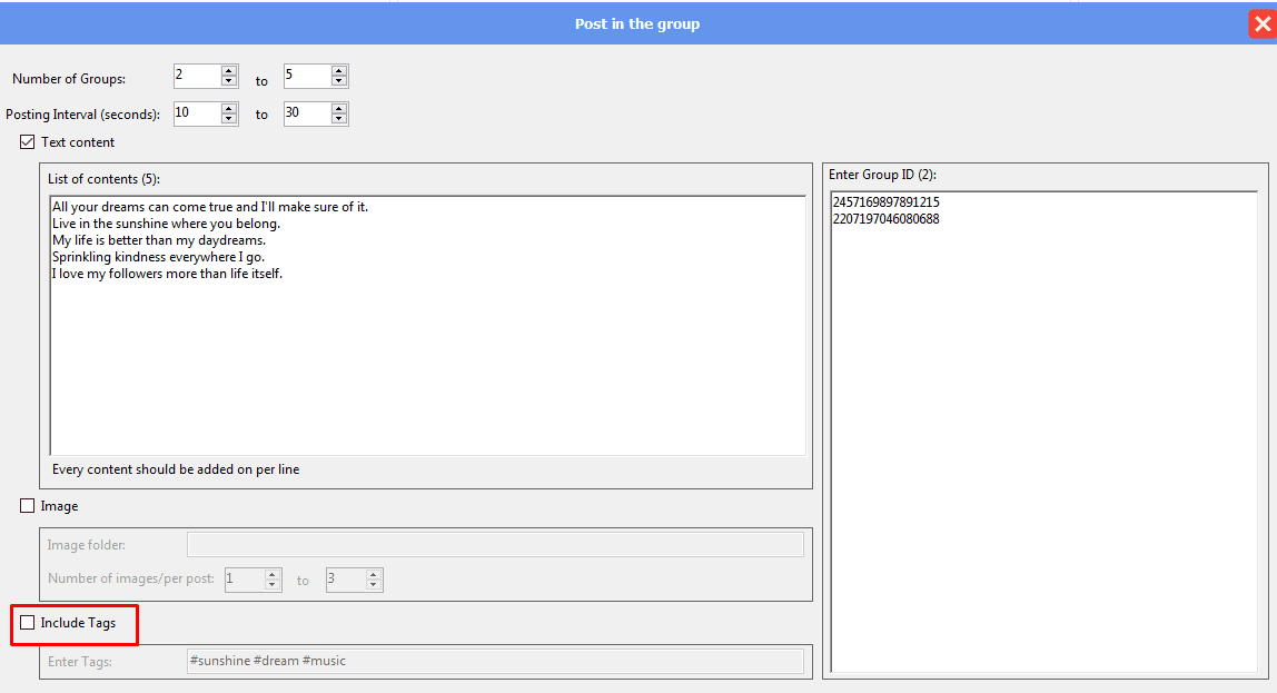 include tag - no - post in group -  facebook phone farm
