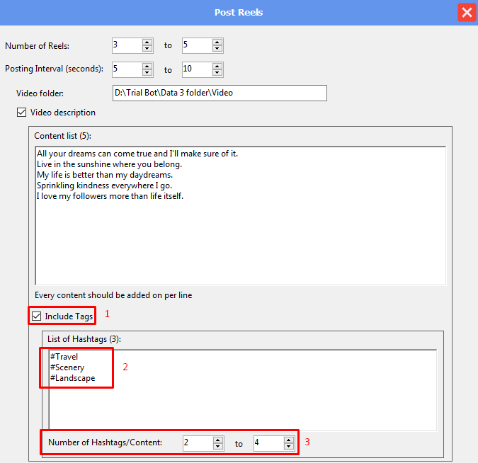 include tag - post reels - phone farm bot - facebook bot