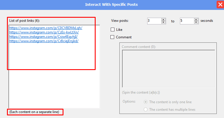 list of post links - interact with specified posts - Instagram phone farm
