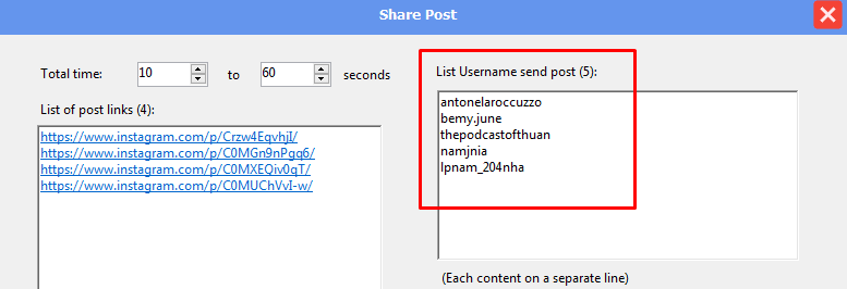 list usernames - share posts - Instagram phone farm