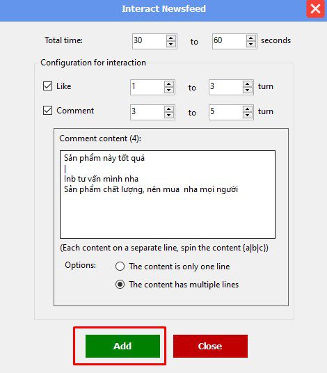Lưu cài đặt chức năng tương tác newfeed trong phần mềm Instagram phone farm