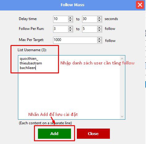 Nhập danh sách người dùng cần tăng follow trong phần mềm Instagram phone farm