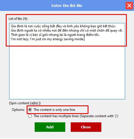 Nội dung của bio trong tool Instagram phone farm