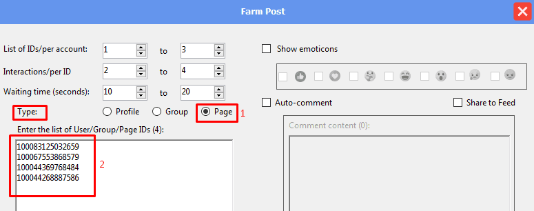 Type & Enter the list of User/Group/Page IDs - facebook phone farm