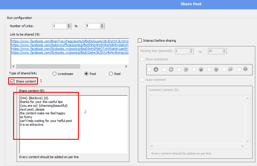 share content - share post - phone farm bot