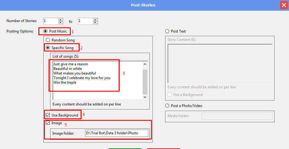 post music - specific songs - post stories - phone farm bot - facebook bot