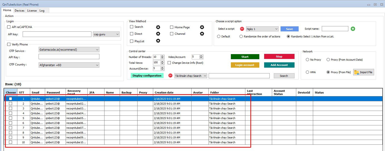 Tài khoản Gmail trong phần mềm Youtube phone farm