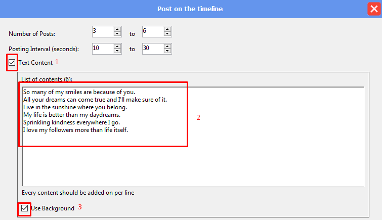 text content - post on the timeline  - phone farm bot - facebook bot