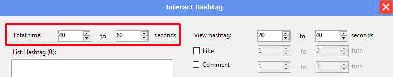 total time  - interact by hashtag - Instagram phone farm