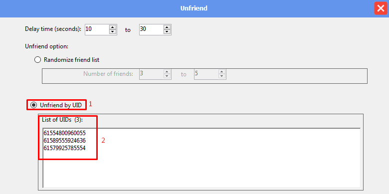 list of uid - unfriend - facebook bot