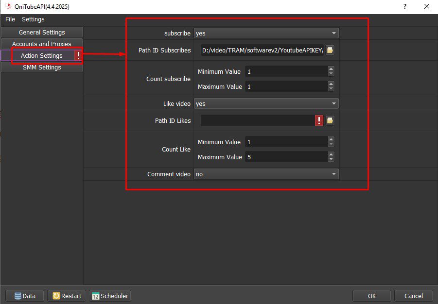 Action Settings - Phần mềm Youtube API Bot