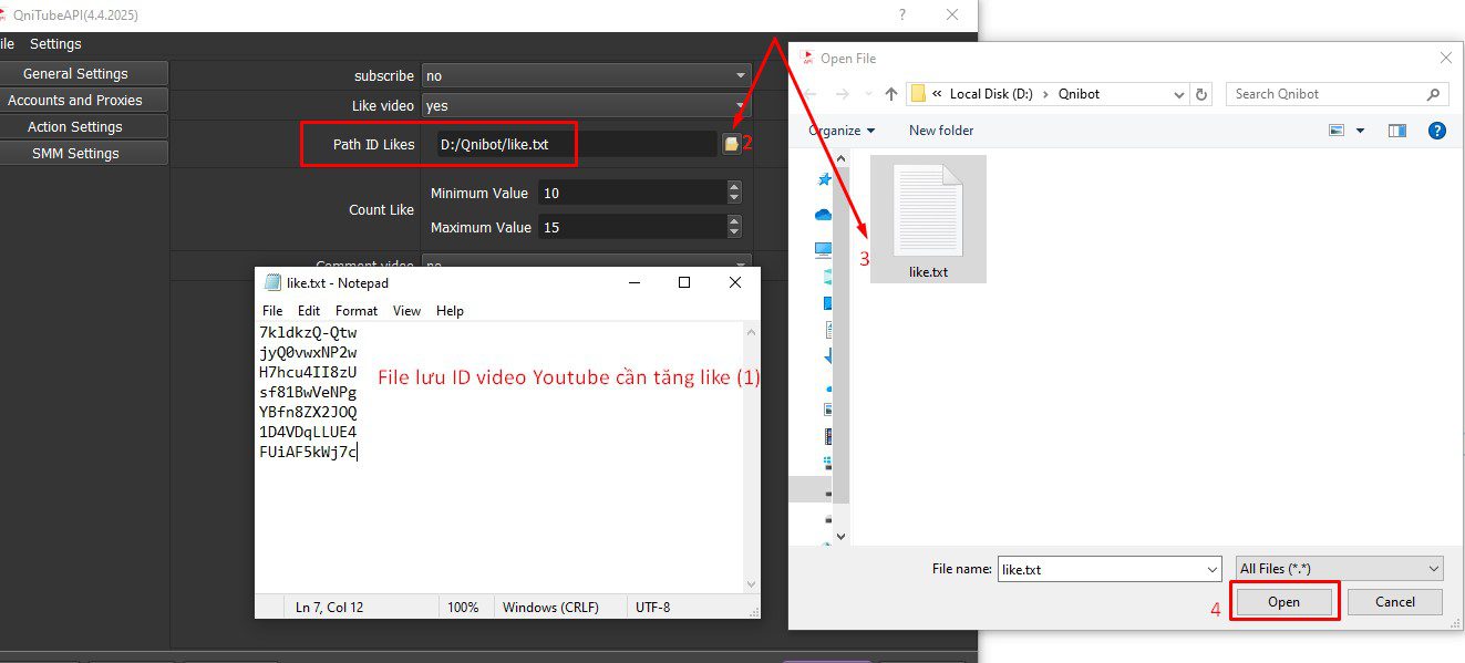 Dẫn file lưu ID video cần tăng like trong phần mềm Youtube API Bot