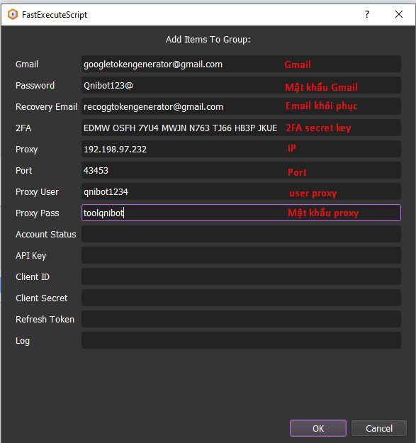 Data nhập vào Youtube API Bot