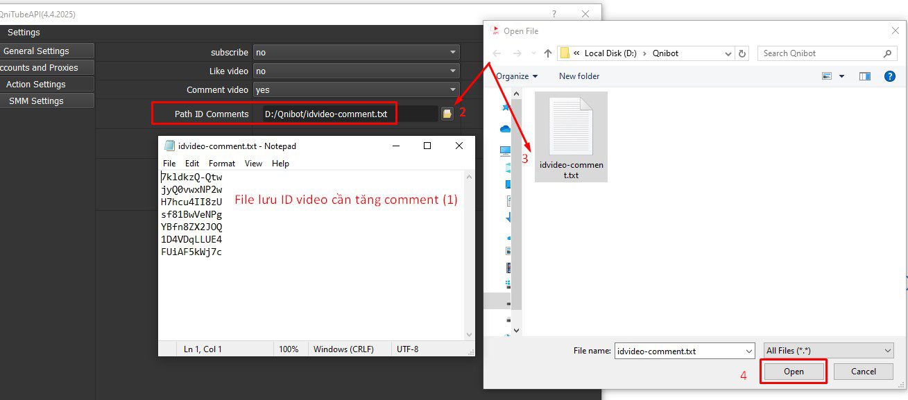 Dẫn file lưu ID video tăng comment - Phần mềm Youtube API Bot