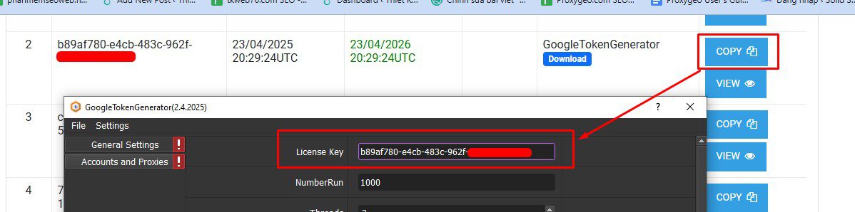 Nhập key đăng nhập vào phần mềm tạo refesh token cho Youtube