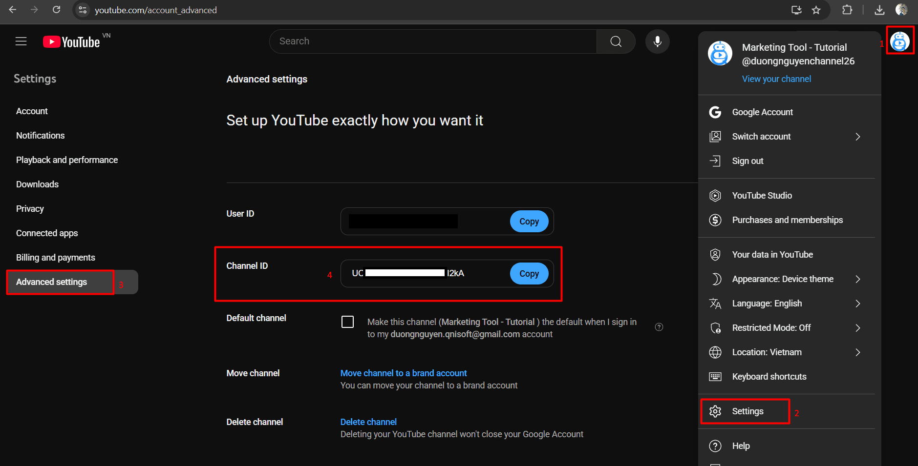 how to get channel ID - youtube auto tool
