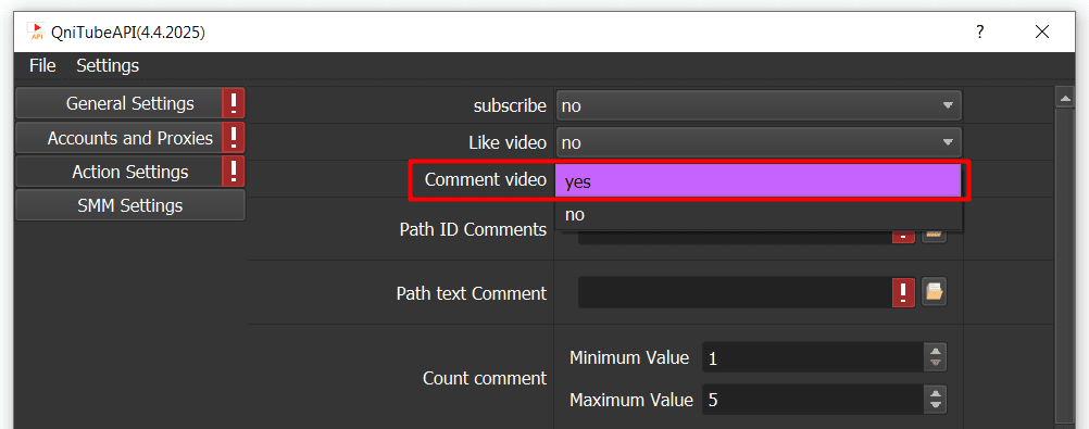 comment video - yes  - YouTube API Bot