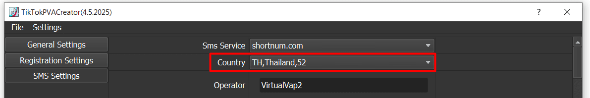 sms settings - country - tiktok account generator