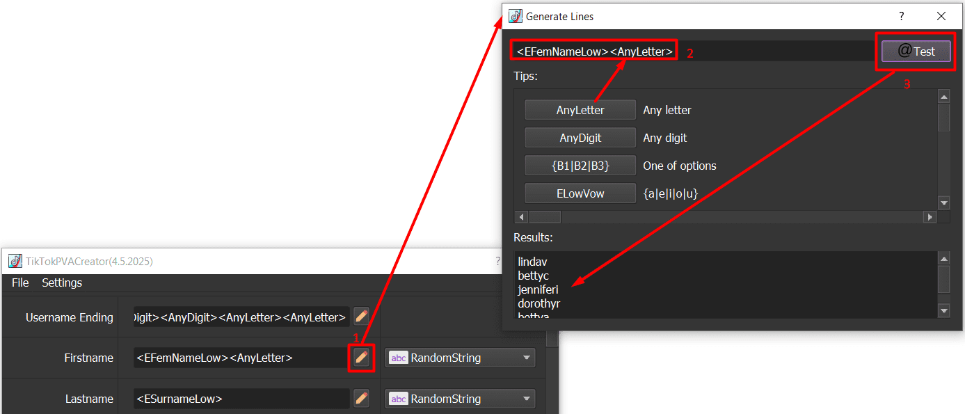 first name - randomstring - tiktok auto tool