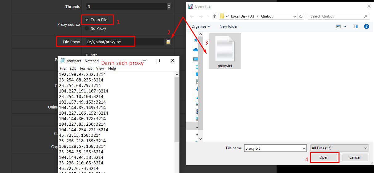 Dẫn file proxy vào phần mềm tạo Tiktok
