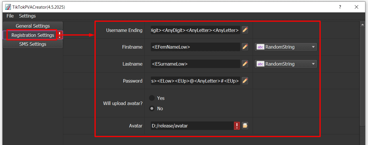 registration settings - tiktok bot