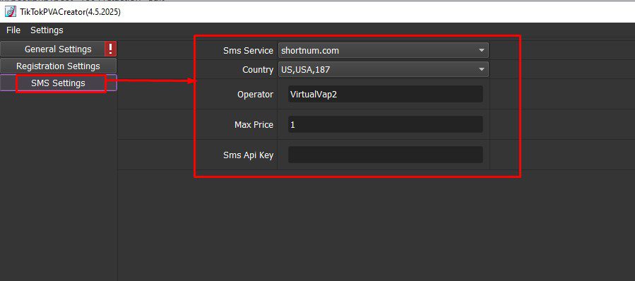 SMS Settings - Tool reg Tiktok