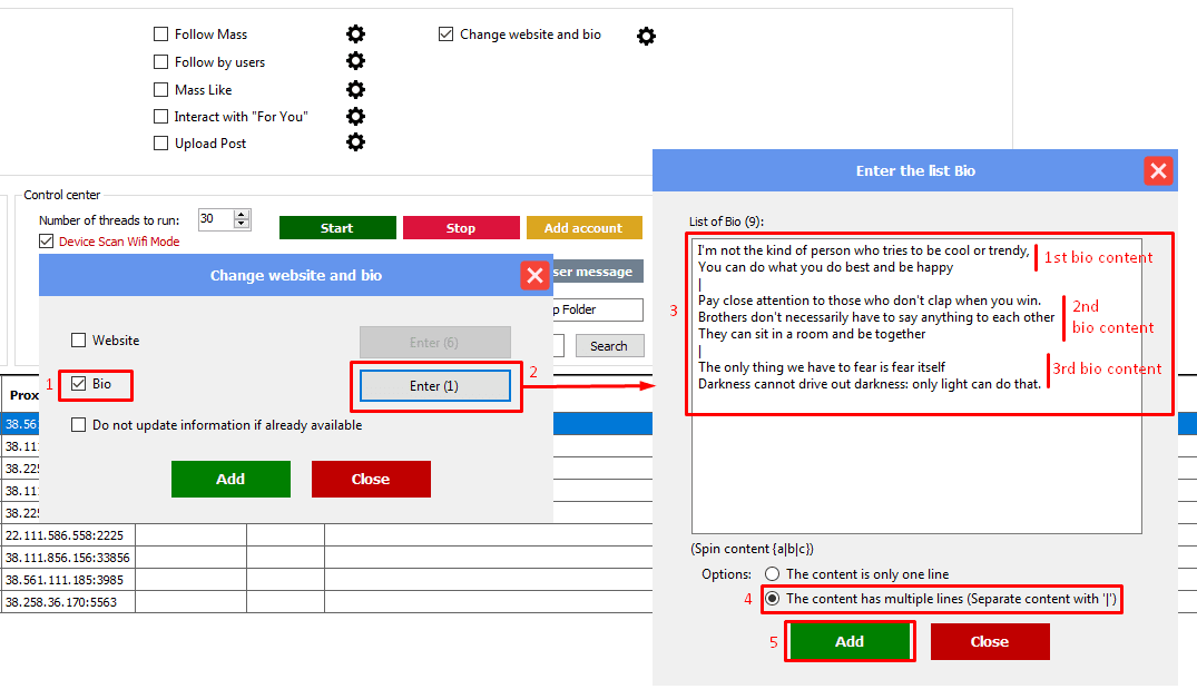 change bio - multiple lines of content  - threads automation bot