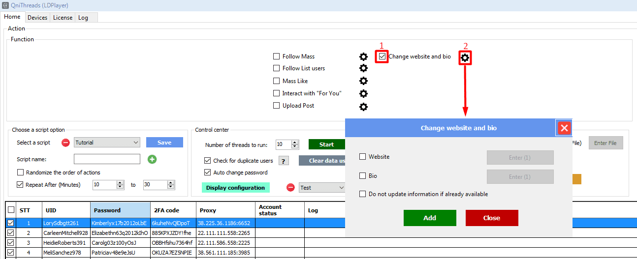 change website and  bio - threads tool