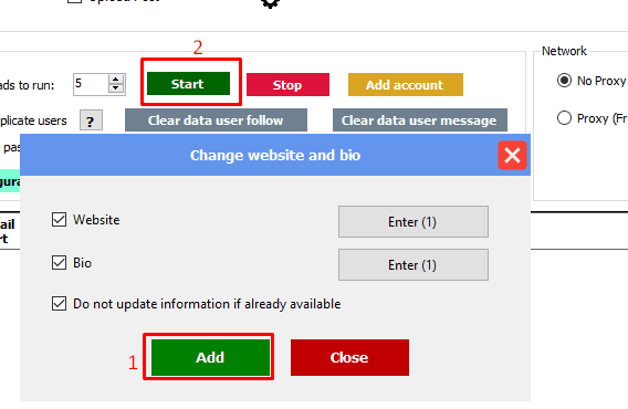Chạy chức năng Change website và bio trong phần mềm auto Threads