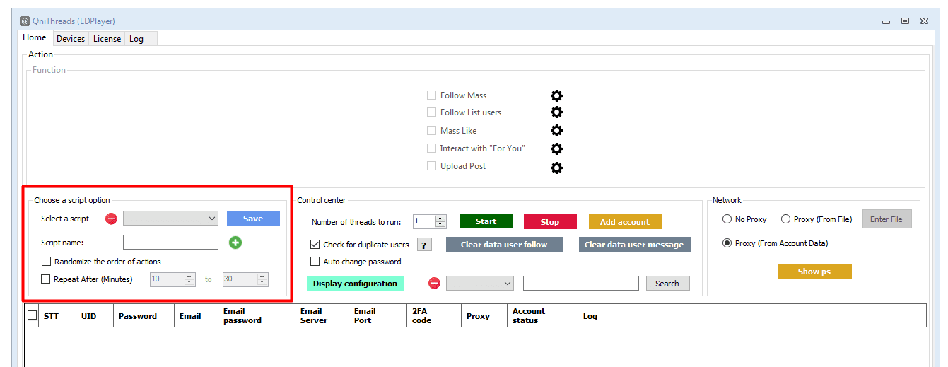 choose a script option - Threads automation software