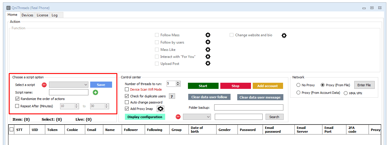 choose a script option  - threads automation bot