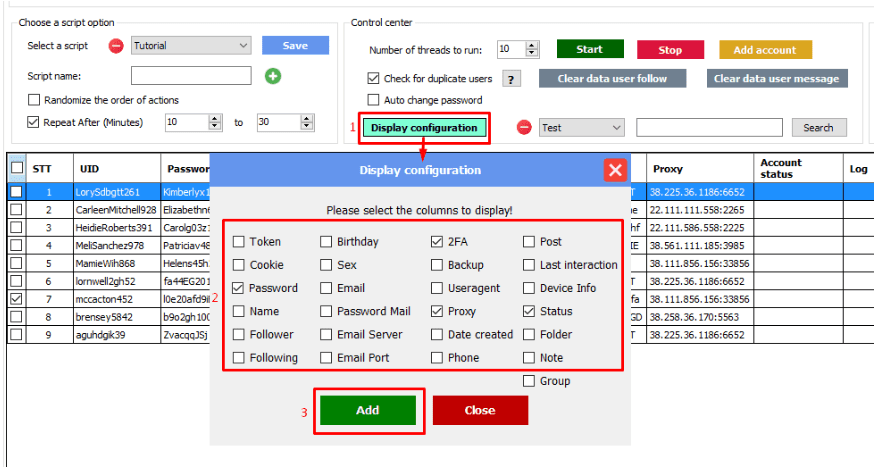 Chọn các mục hiển thị trong phần mềm auto Threads