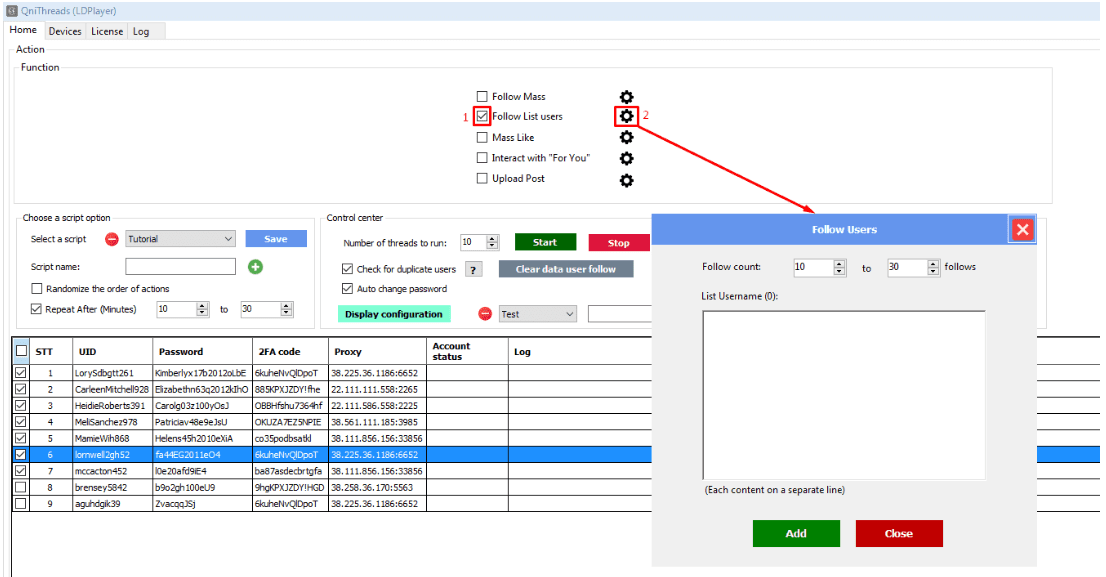 Follow list user trong phần mềm auto Threads