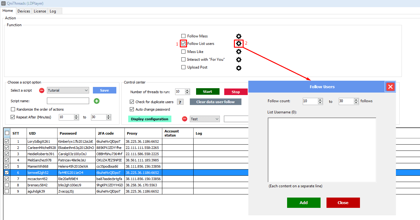 follow list users - function - Threads auto tool