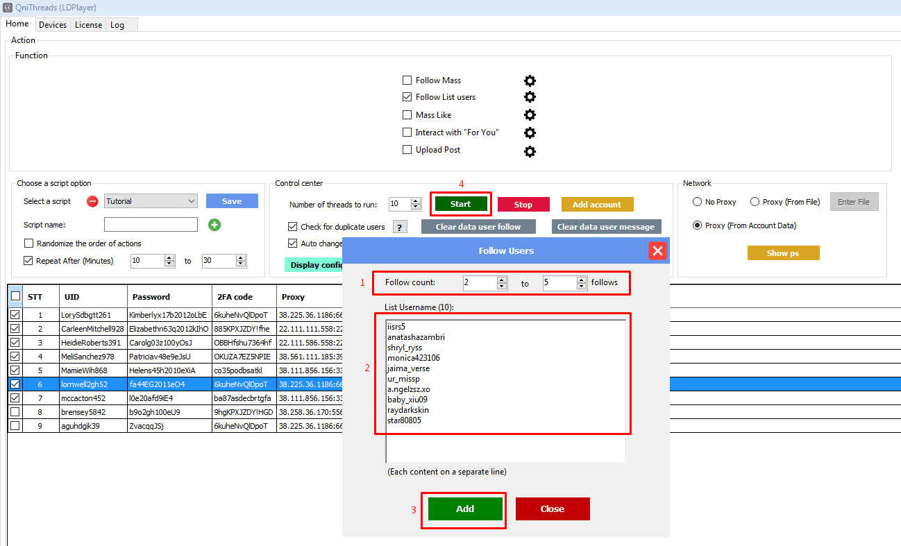 follow list users - start - Threads auto tool