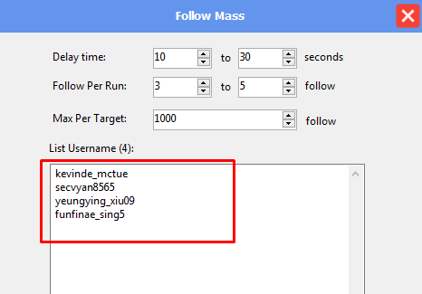 follow mass - list username - threads software