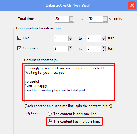 interact with for you - comment - multiple lines content  - Threads auto bot