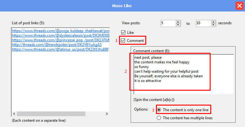 mass like - comment - 1 line content - Threads auto tool