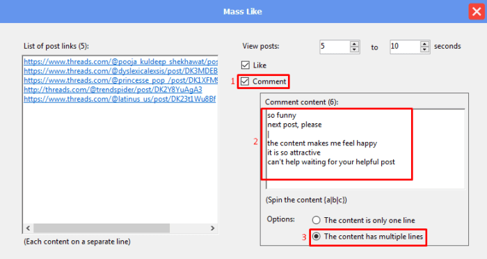 mass like - comment - multiple lines content - Threads auto tool