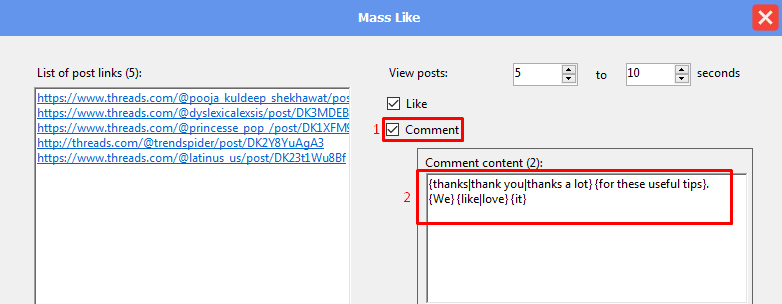 mass like - comment - spintax format content - Threads auto tool