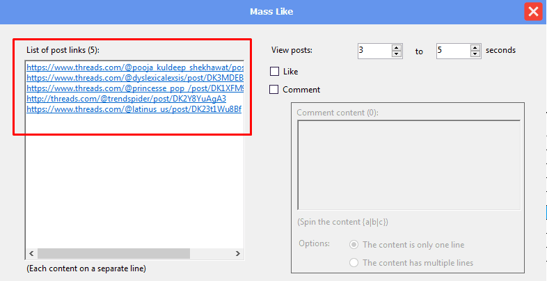 mass like - list of post links - Threads auto tool