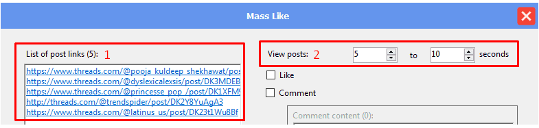 Cài đặt chức năng mass like trong phần mềm auto Threads