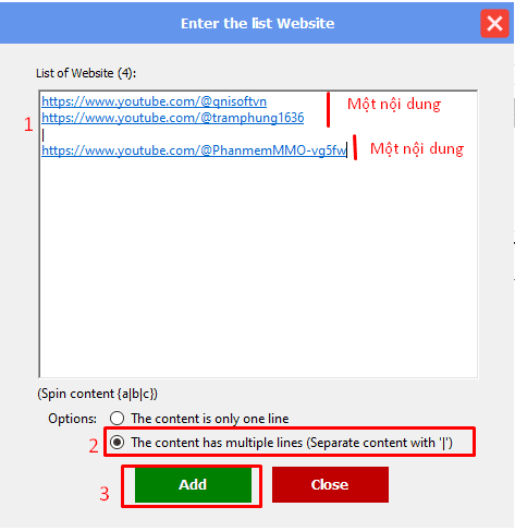 Nhập website vào tool auto Threads