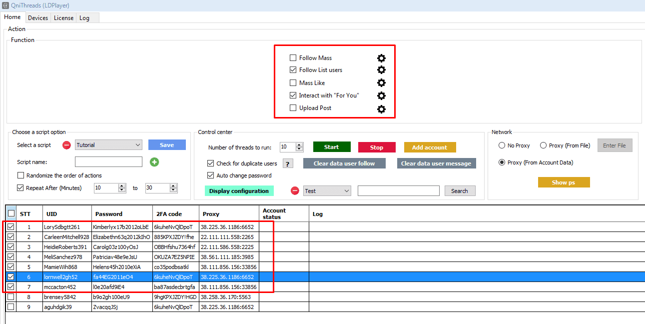 choose accounts to run - Threads auto tool