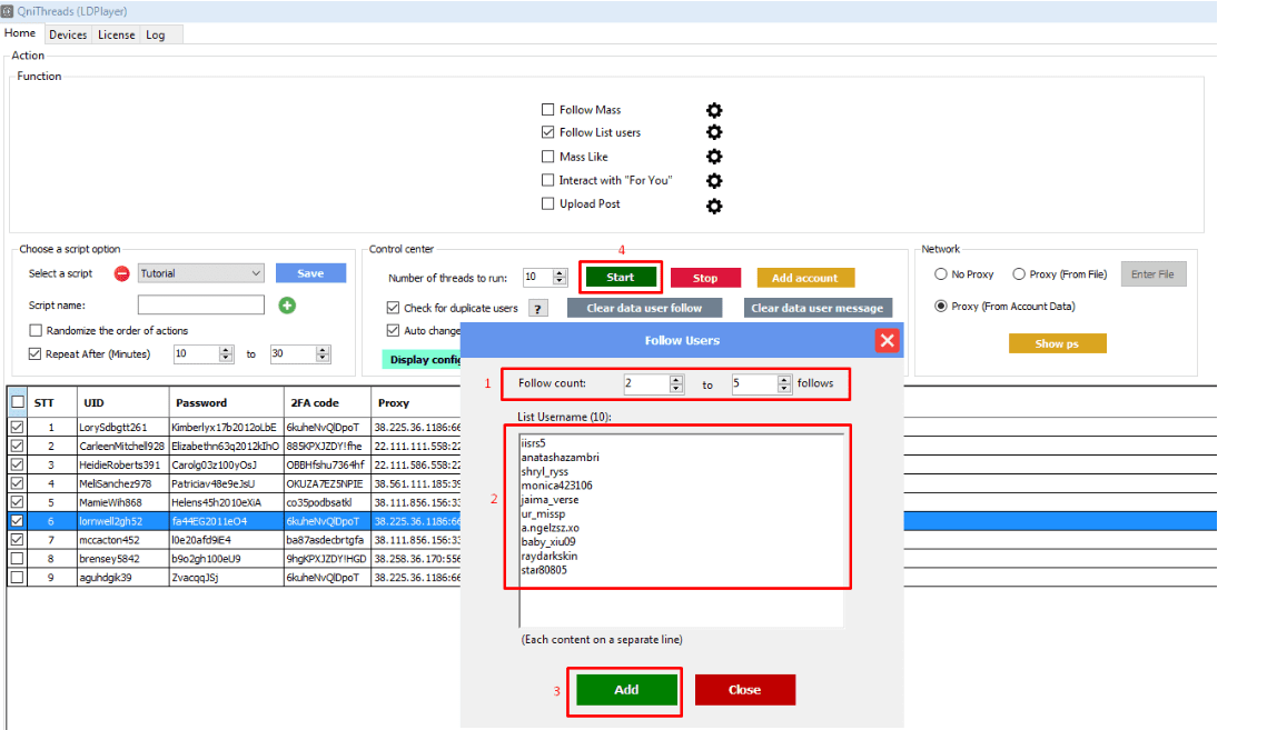 Chạy chức năng follow list users trong phần mềm auto Threads