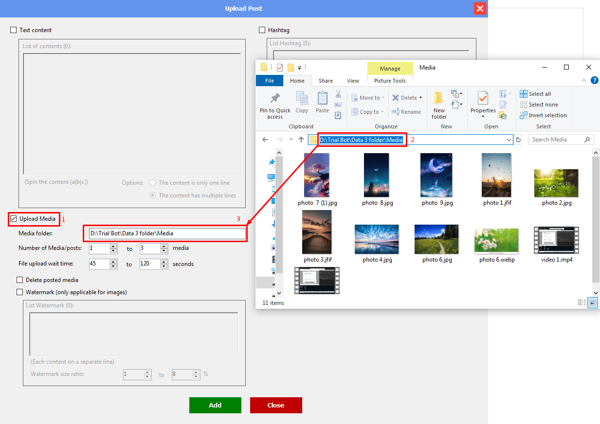 upload media - media folder - Threads automation software