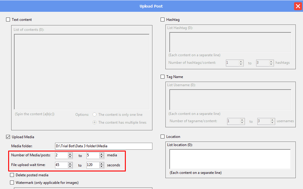 upload media - Number of Media/post - File upload wait time sections - Threads bot