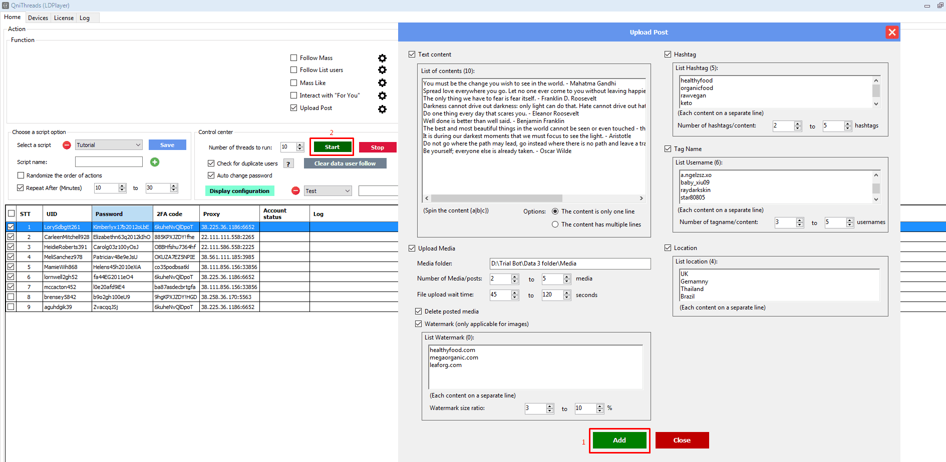 upload post - start - Threads automation software