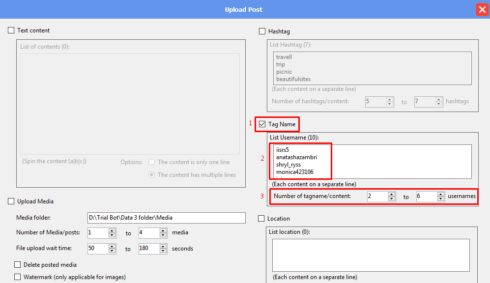 upload post - tag name  - threads automation bot