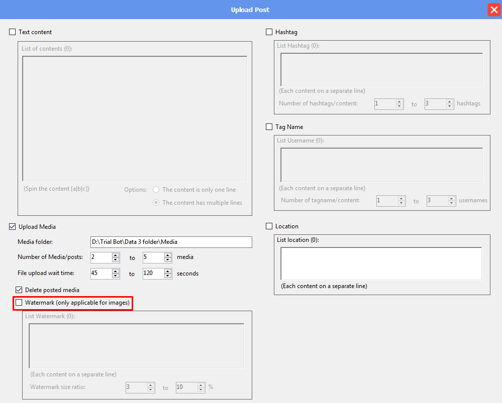 upload post - upload media - watermark - no - threads auto tool